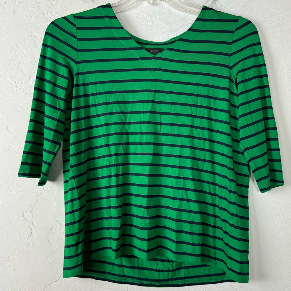 J Jill Shirt Knit Top Tee Striped Green Navy Blue V Neck 3/4 Sleeve Jersey Rayon